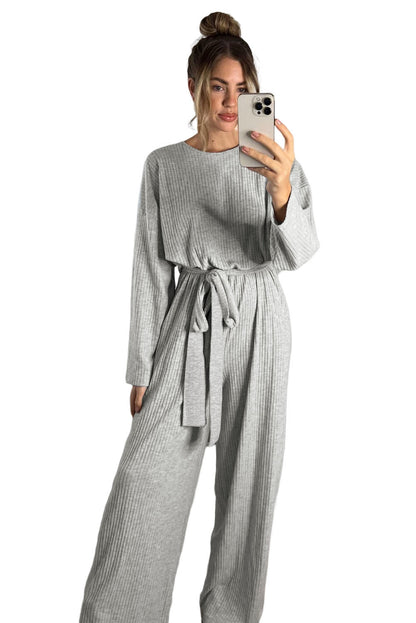 Gray Ribbed Knit Belted Wide Leg Jumpsuit