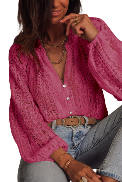 Rose V-Neck Long Sleeve Button Up Lace Shirt