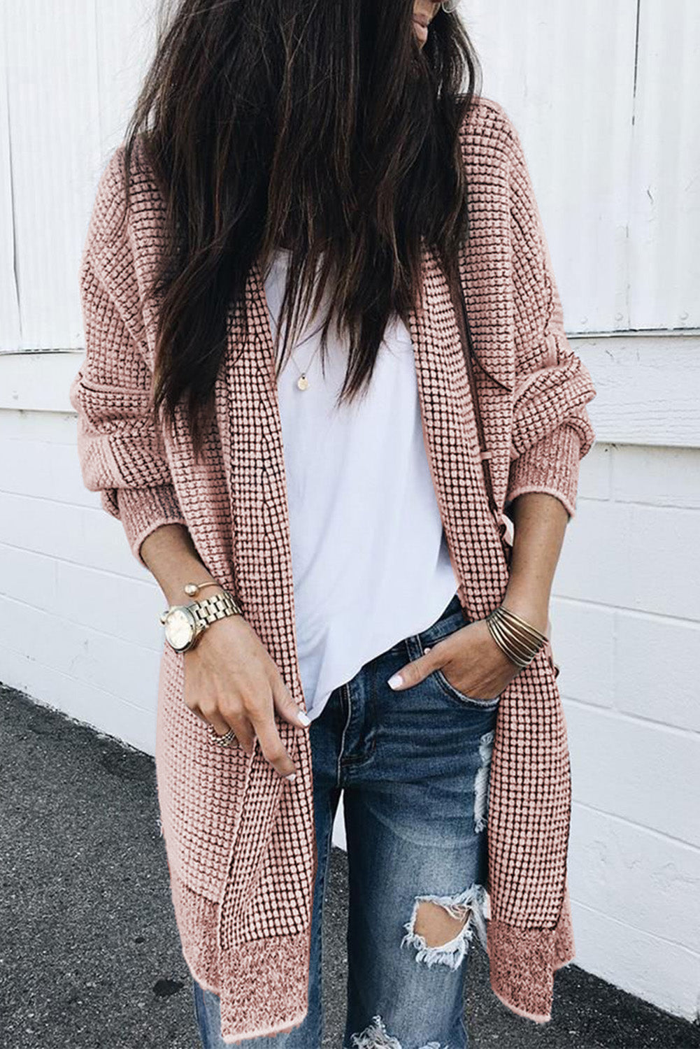 Rose Plaid Knitted Long Open Front Cardigan