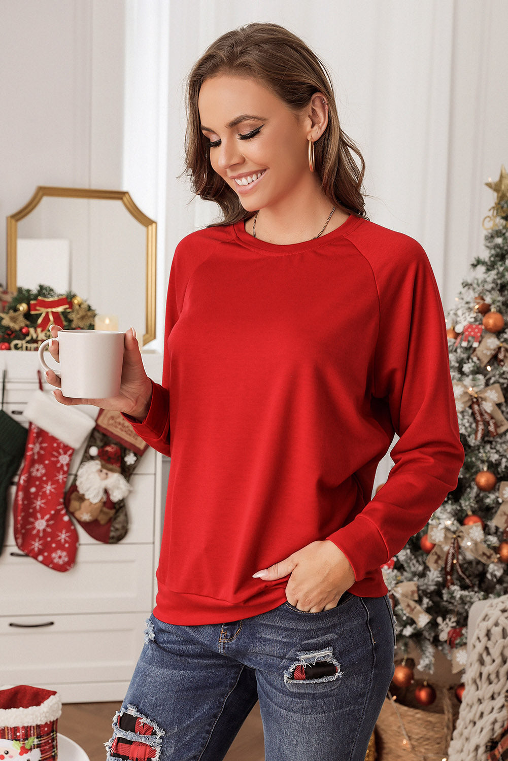 Red Solid Round Neck Raglan Sleeve Sweatshirt