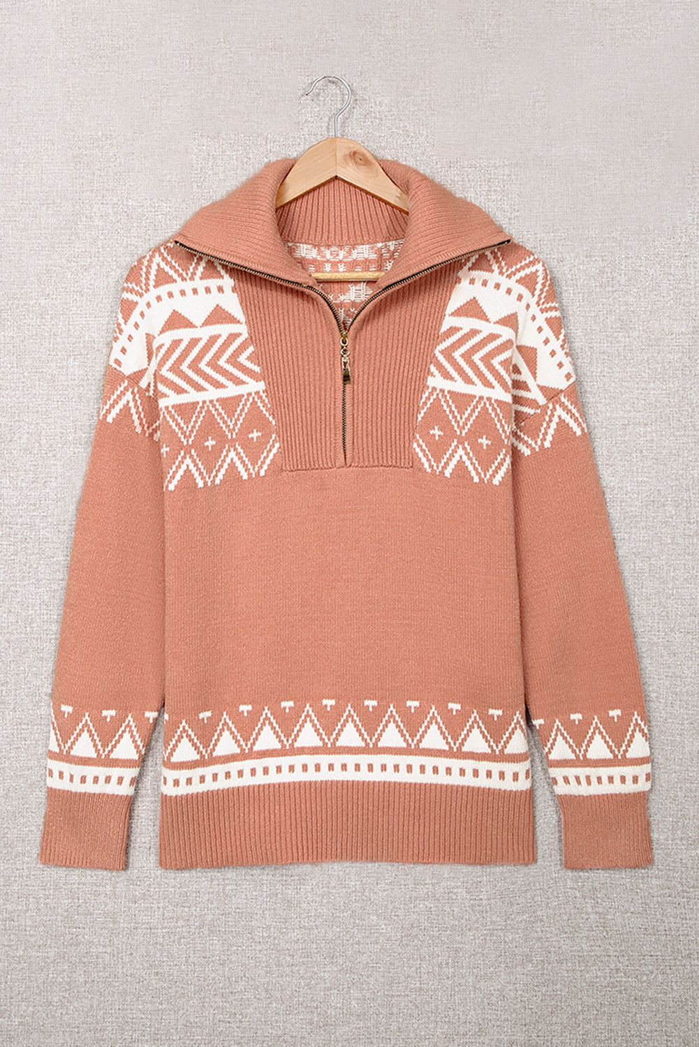 White Geometry Knit Quarter Zip Sweater