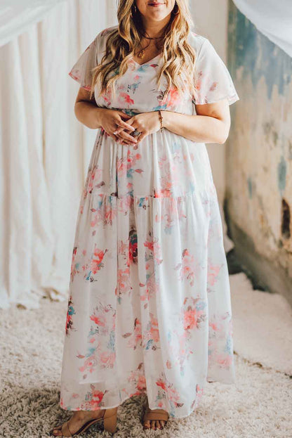 White Floral Print Lace-up High Waist Plus Size Maxi Dress