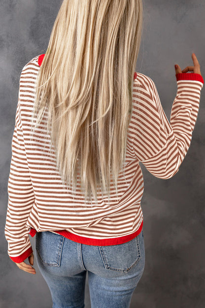 Gray Contrast Trimmed Striped Drop Shoulder Sweater