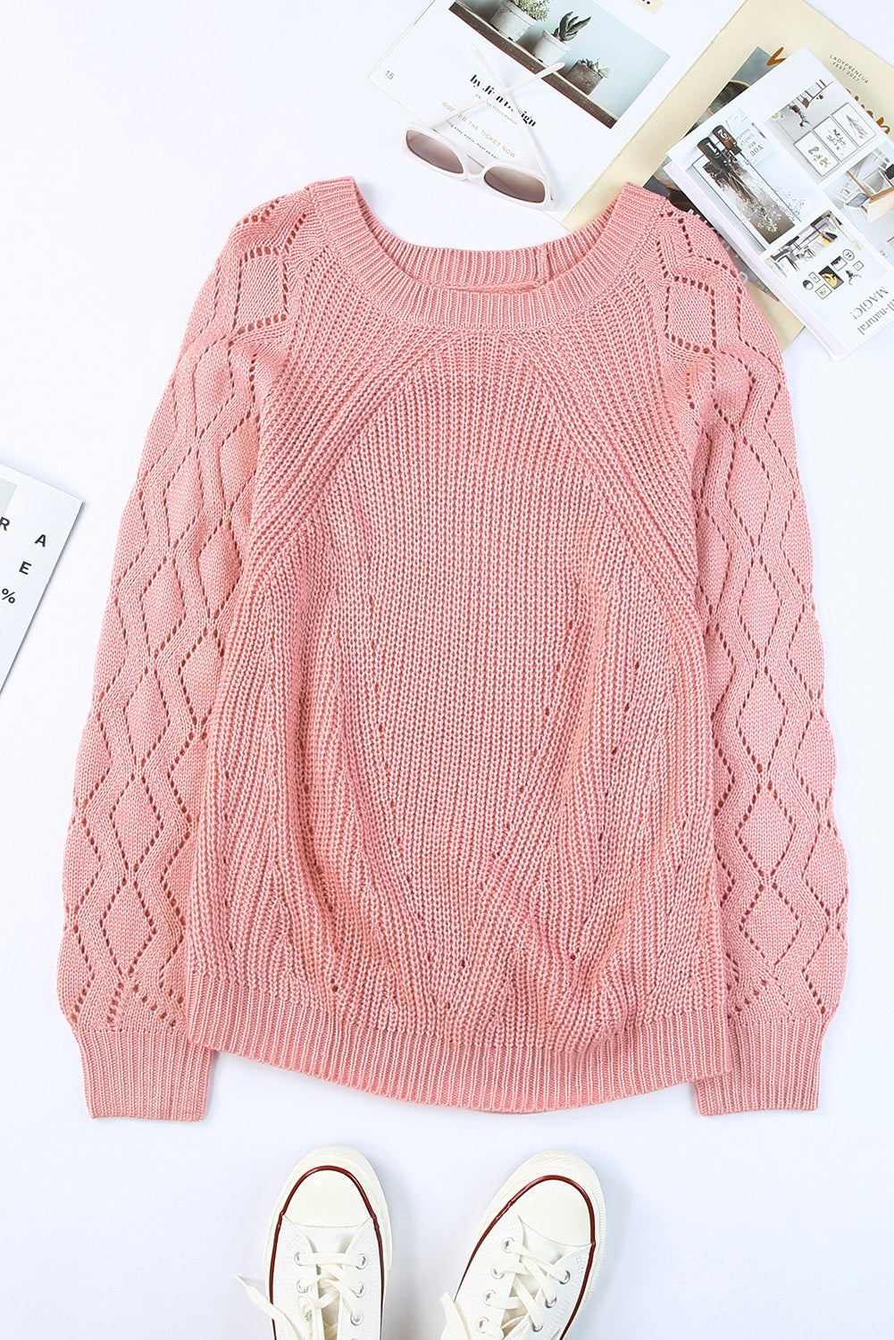 Gray Hollow-out Puffy Sleeve Knit Sweater