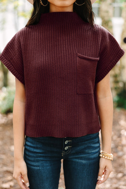 Gold Flame Patch Pocket Ribbed Knit Short Sleeve Sweater