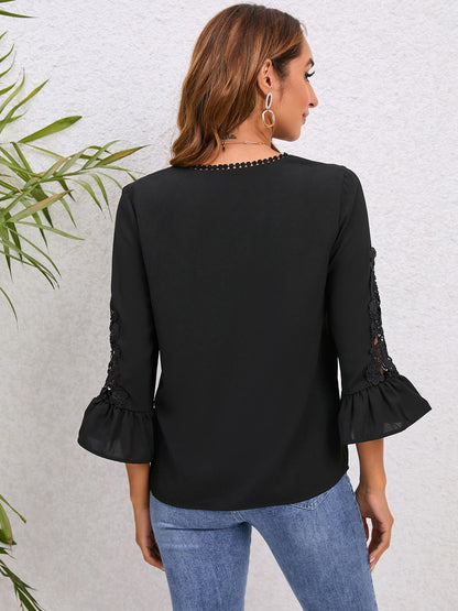 V-Neck Lace Detail Flounce Sleeve Blouse