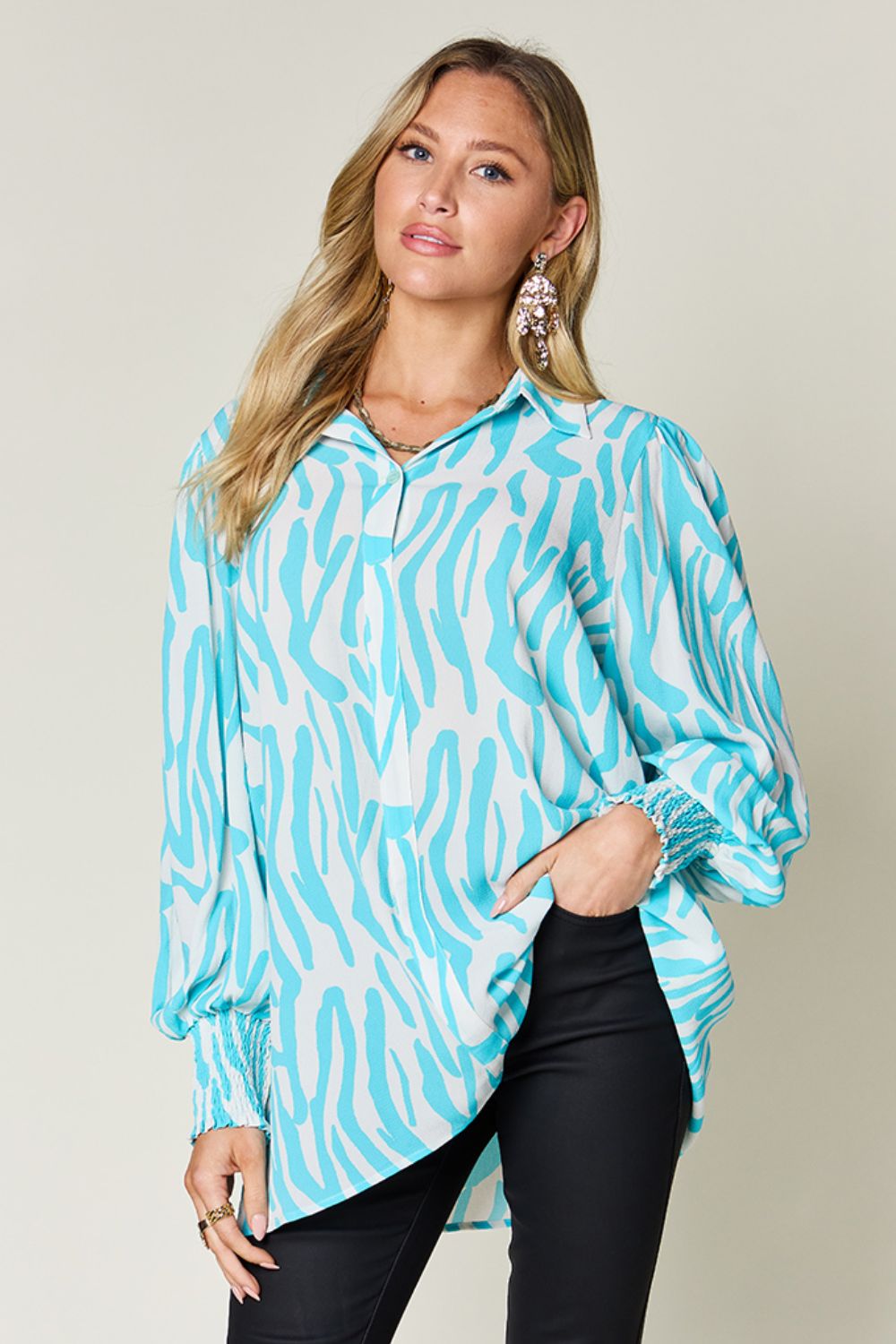 Double Take Full Size Printed Smocked Long Sleeve Blouse