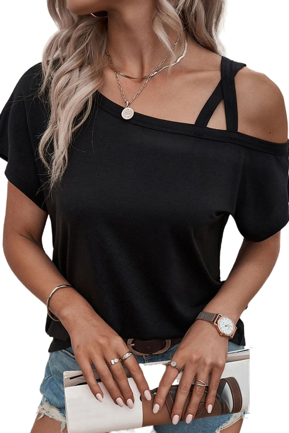 Rose Asymmetric Criss Cross One Shoulder T Shirt