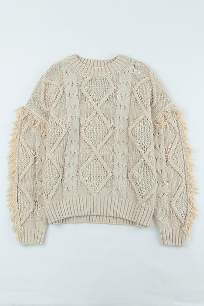 Apricot Cable Knit Fringe Trim Sweater