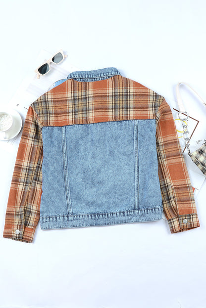 Sky Blue Medium Wash Plaid Sleeves Denim Jacket