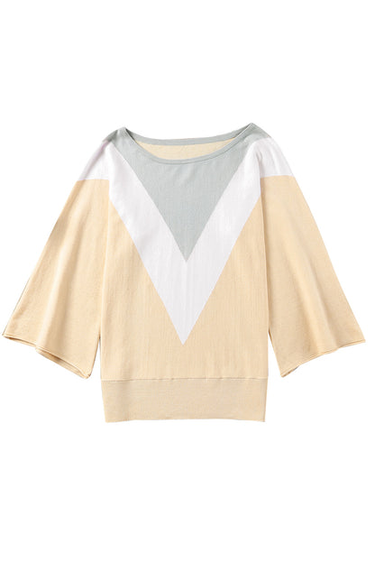 Apricot 3/4 Sleeve Chevron Color Block Sweater