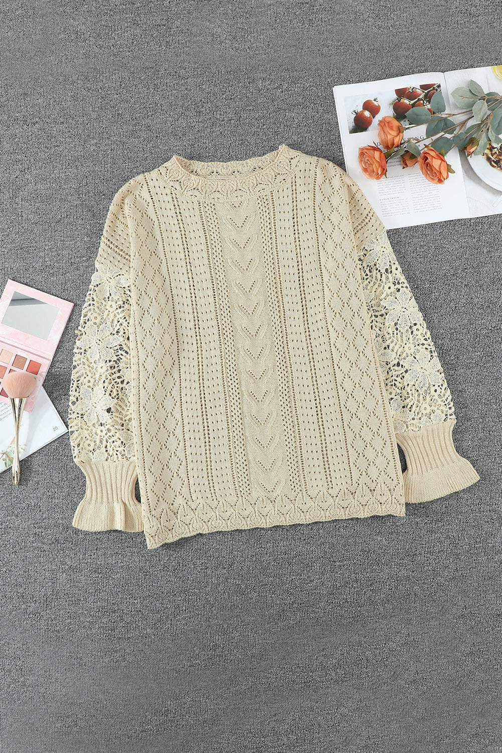 Apricot Crochet Lace Pointelle Knit Sweater