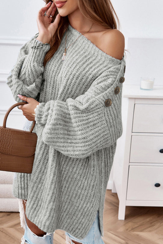 Gray Buttoned Drop Shoulder Oversized Sweater