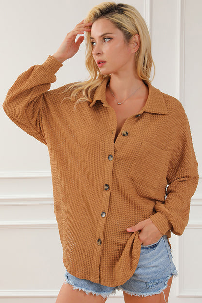 Khaki Waffle Knit Button Up Casual Shirt