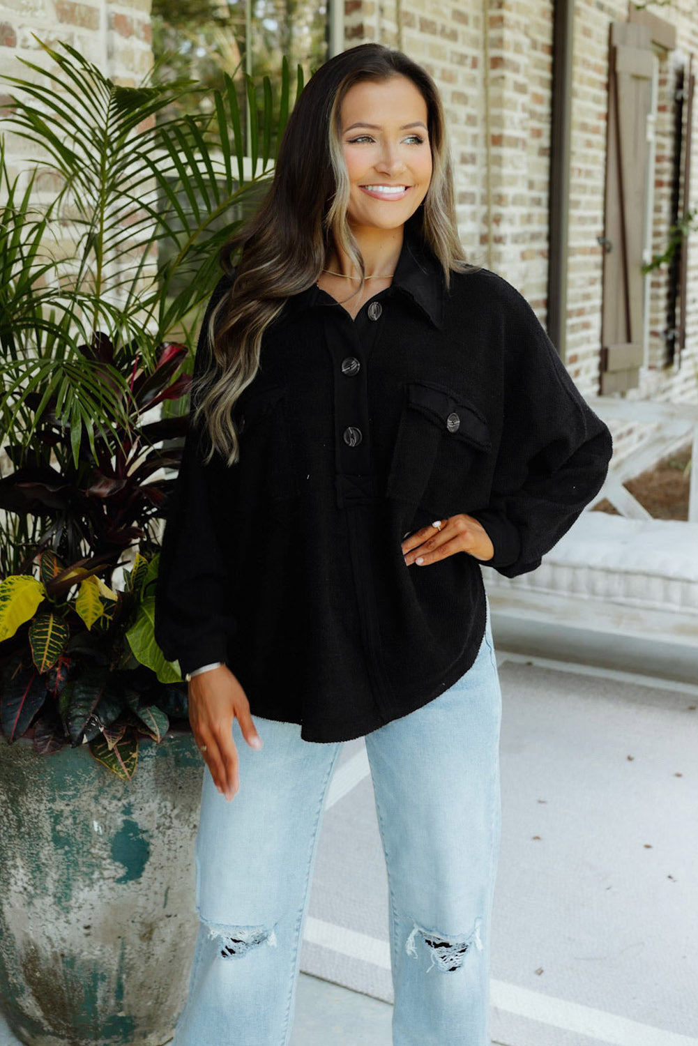 Red Polo Collar Buttoned Patchy Top with Pockets