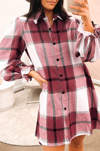 Khaki Plaid Pattern Collared Neck Ruffled Sleeve Shirt Dress