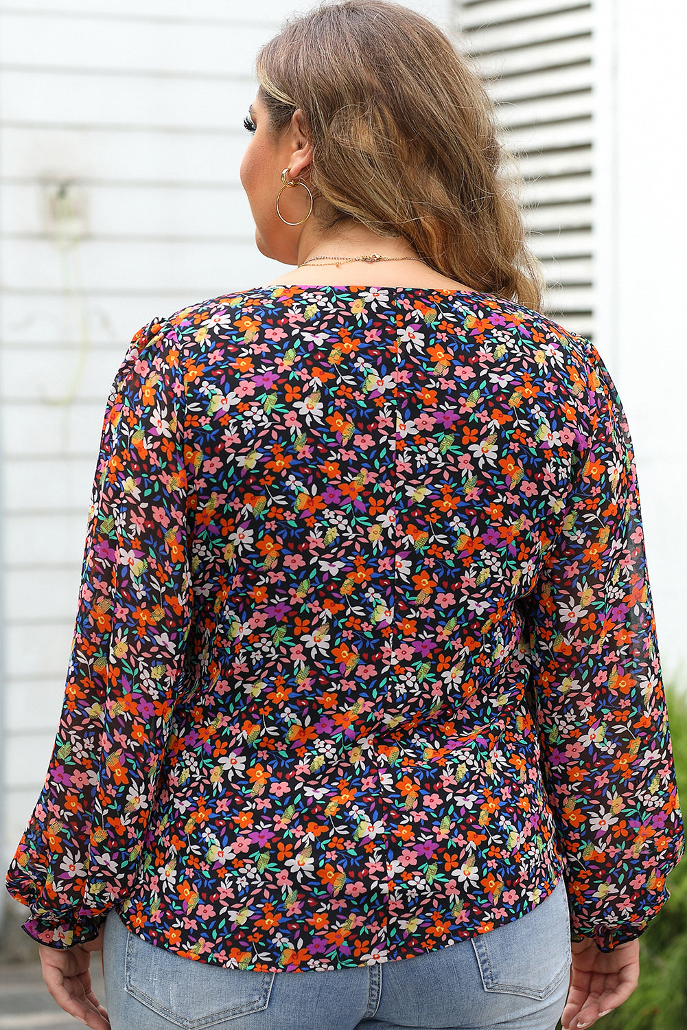 Wrapped V Neckline Long Sleeve Floral Dress