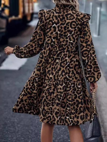 Ruffled Leopard Mock Neck Long Sleeve Mini Dress