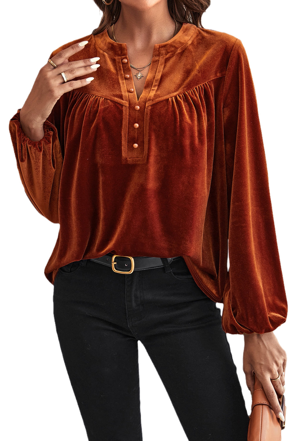 Skobeloff Lantern Sleeve Beaded Split V Neck Velvet Top