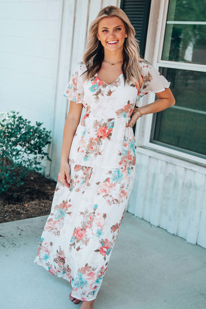 White Floral Print Lace-up High Waist Plus Size Maxi Dress