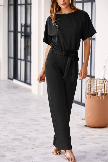 Red Belted Wide Leg Jumpsuit