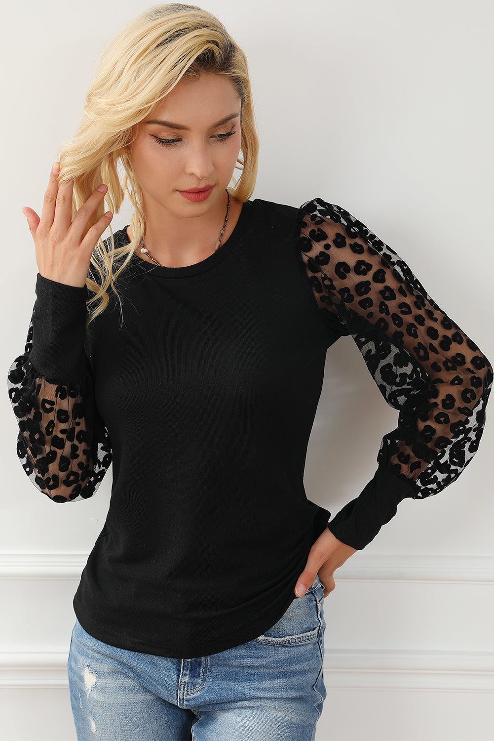 Red Dahlia Leopard Mesh Puff Sleeve Patchwork Slim Fit Top