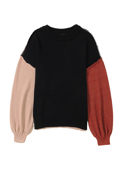 Chicory Coffee Contrast Color Exposed Seam Drop Shoulder Sweater