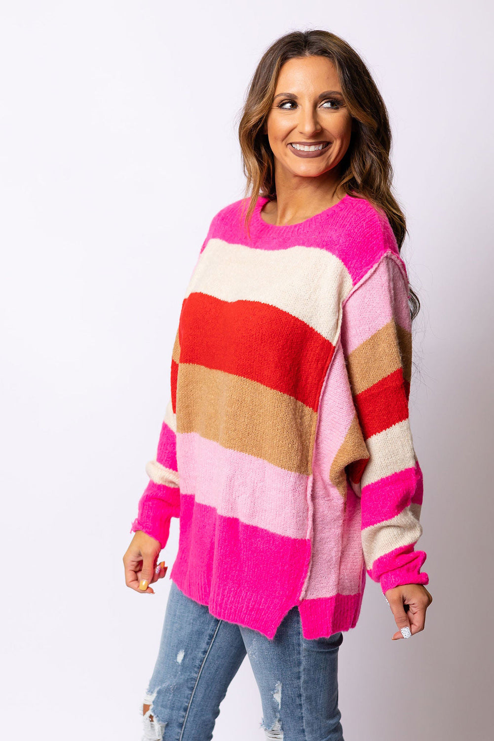 Red Mix Horizon Stripes Dolman Sleeve Sweater