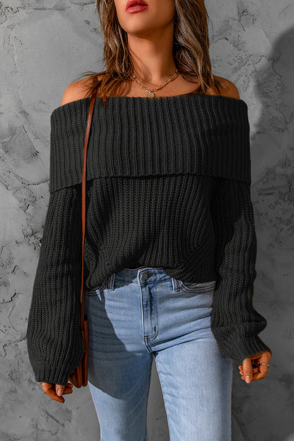 Khaki Ribbed Knit Foldover Off Shoulder Sweater