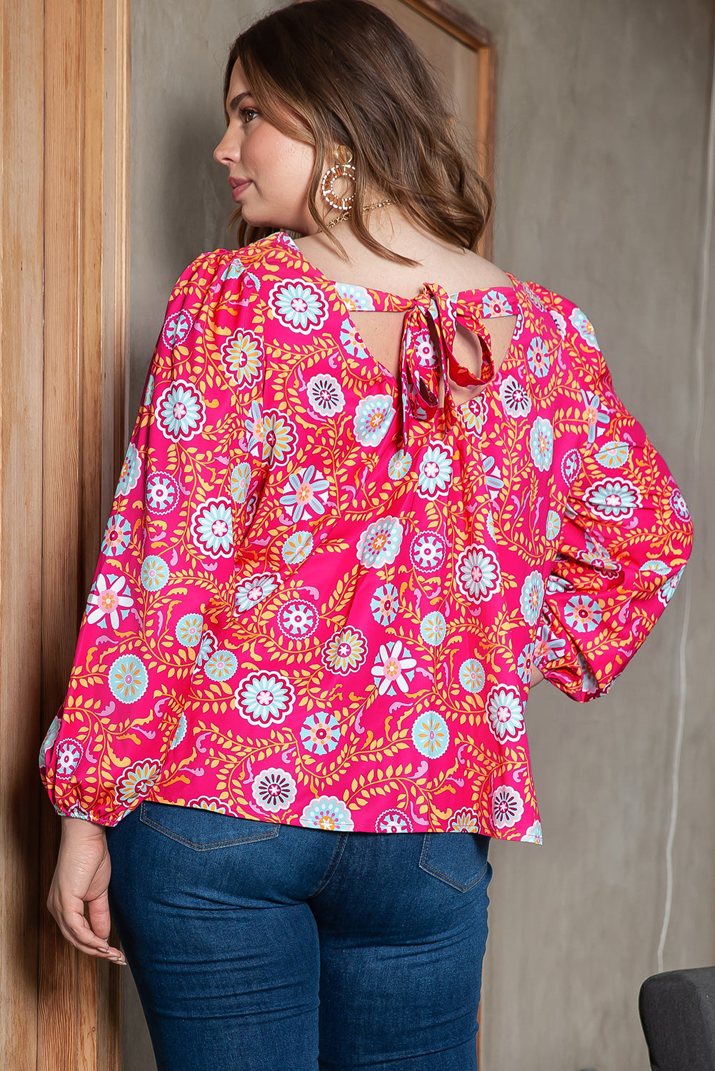 Pink Plus Size Square Neck Floral Blouse