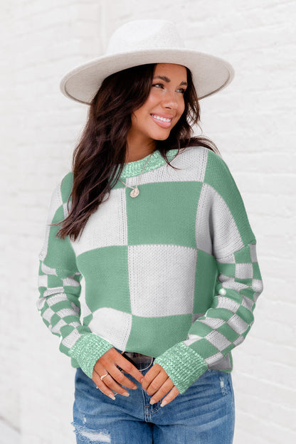 Mint Green Checkered Print Drop Shoulder Sweater