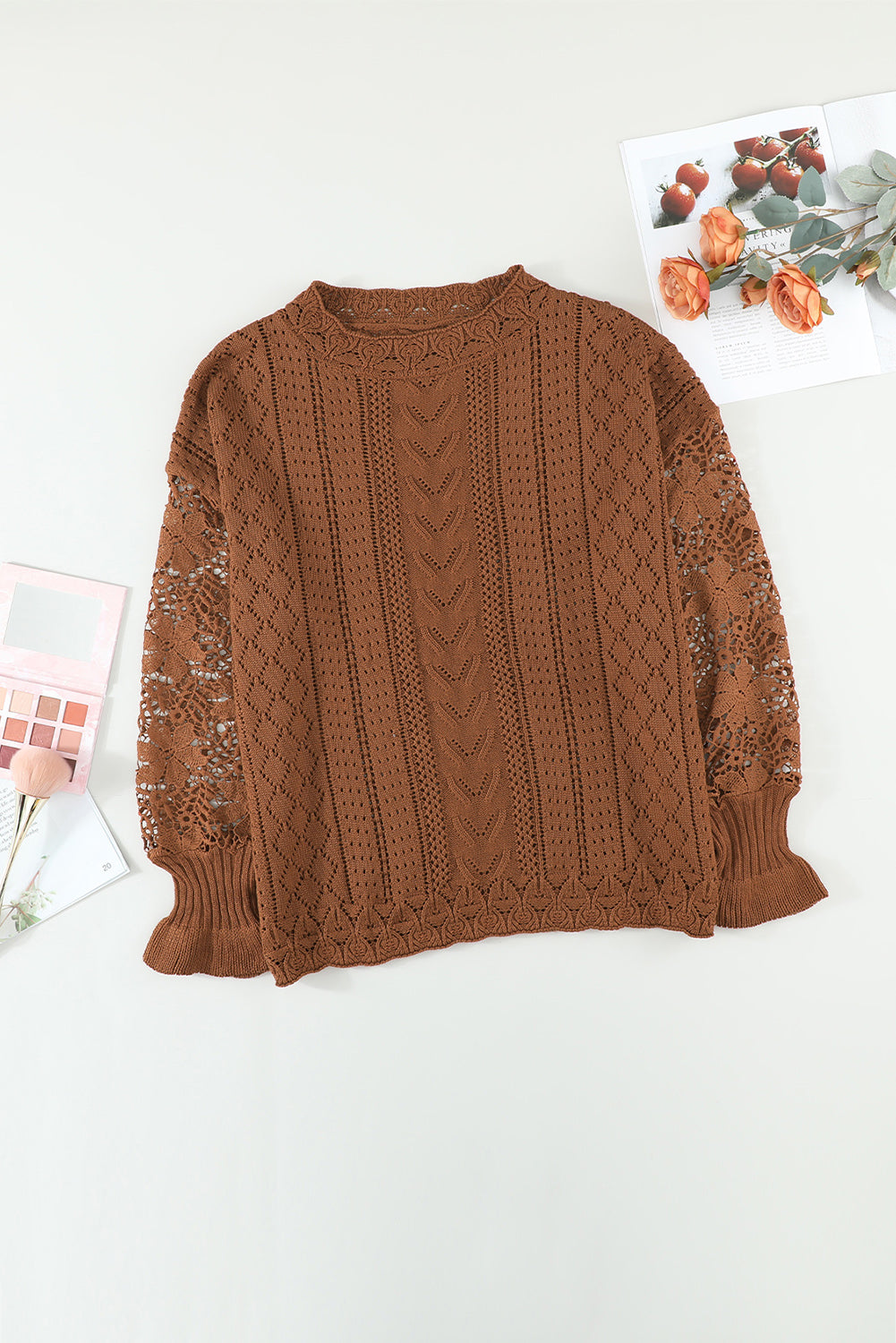 Apricot Crochet Lace Pointelle Knit Sweater