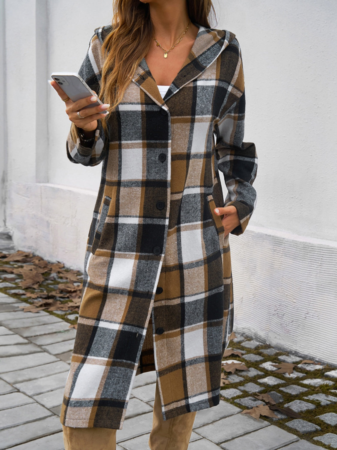 Devine Plaid Long Sleeve Hooded Coat