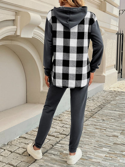 Devine Plaid Long Sleeve Hooded Top and Pants Set