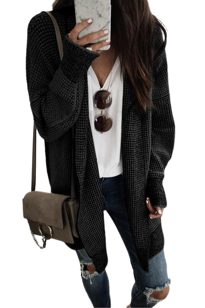 Rose Plaid Knitted Long Open Front Cardigan