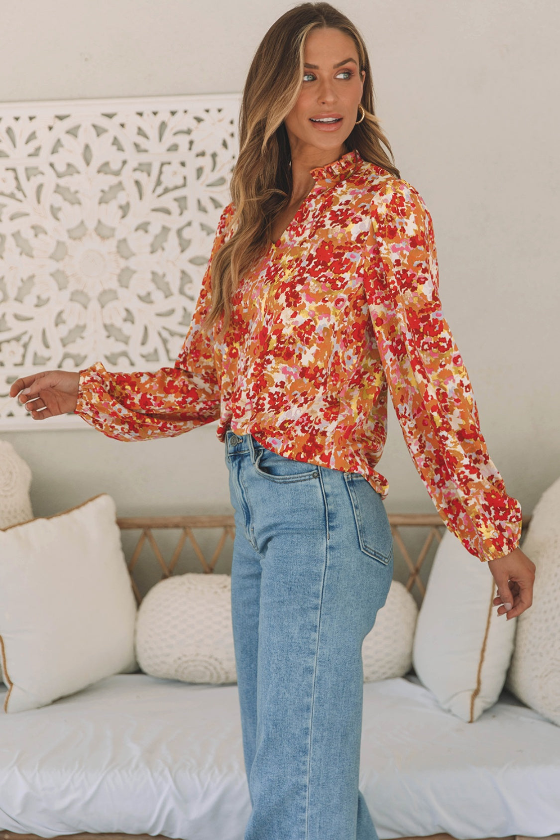 Floral Notched Balloon Sleeve Blouse