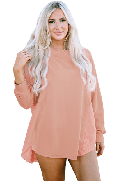 Grey Crinkle Splicing Raw Hem High Low Oversized Blouse