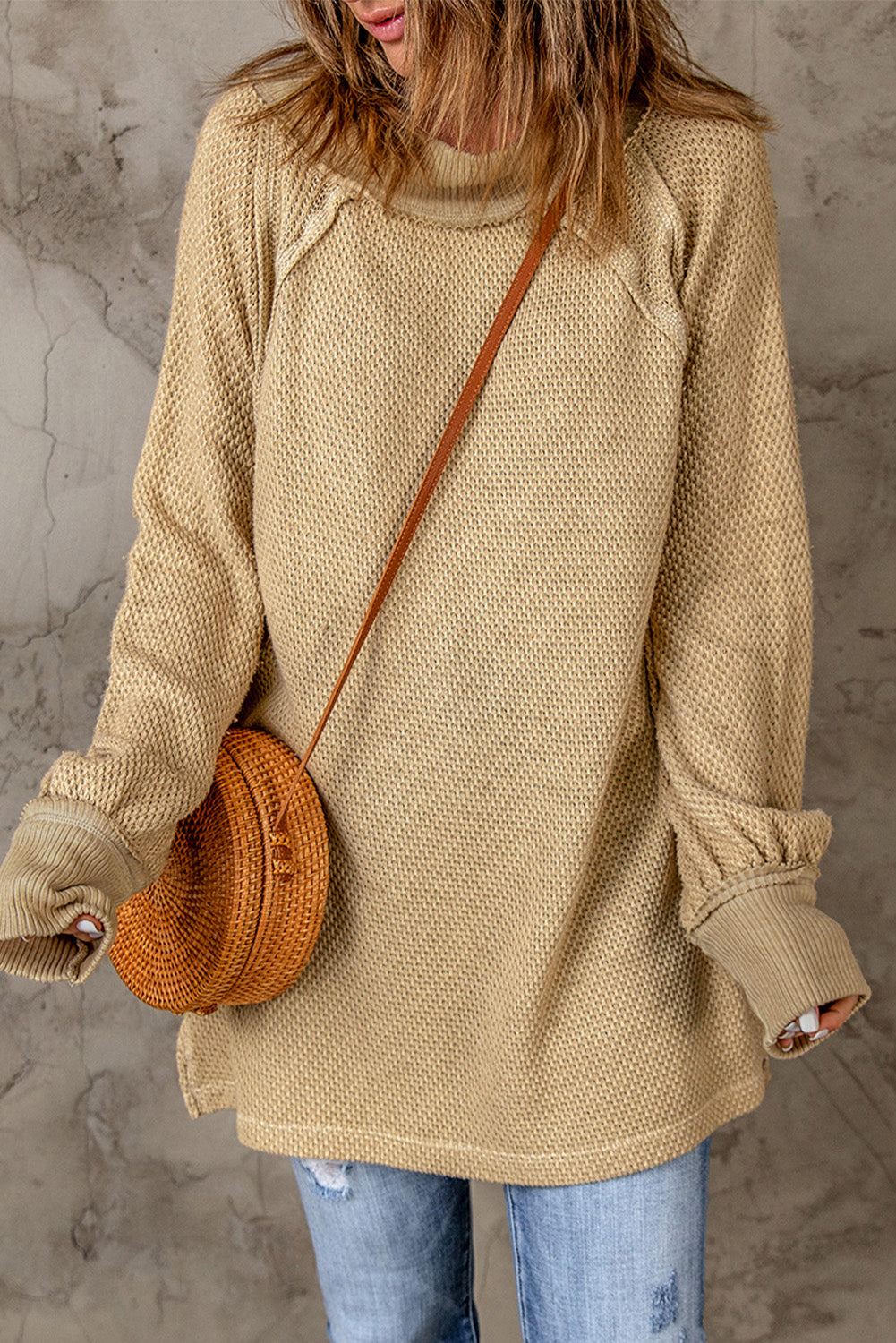 Khaki Waffle Knit Patchwork Oversized Pullover Sweatshirt