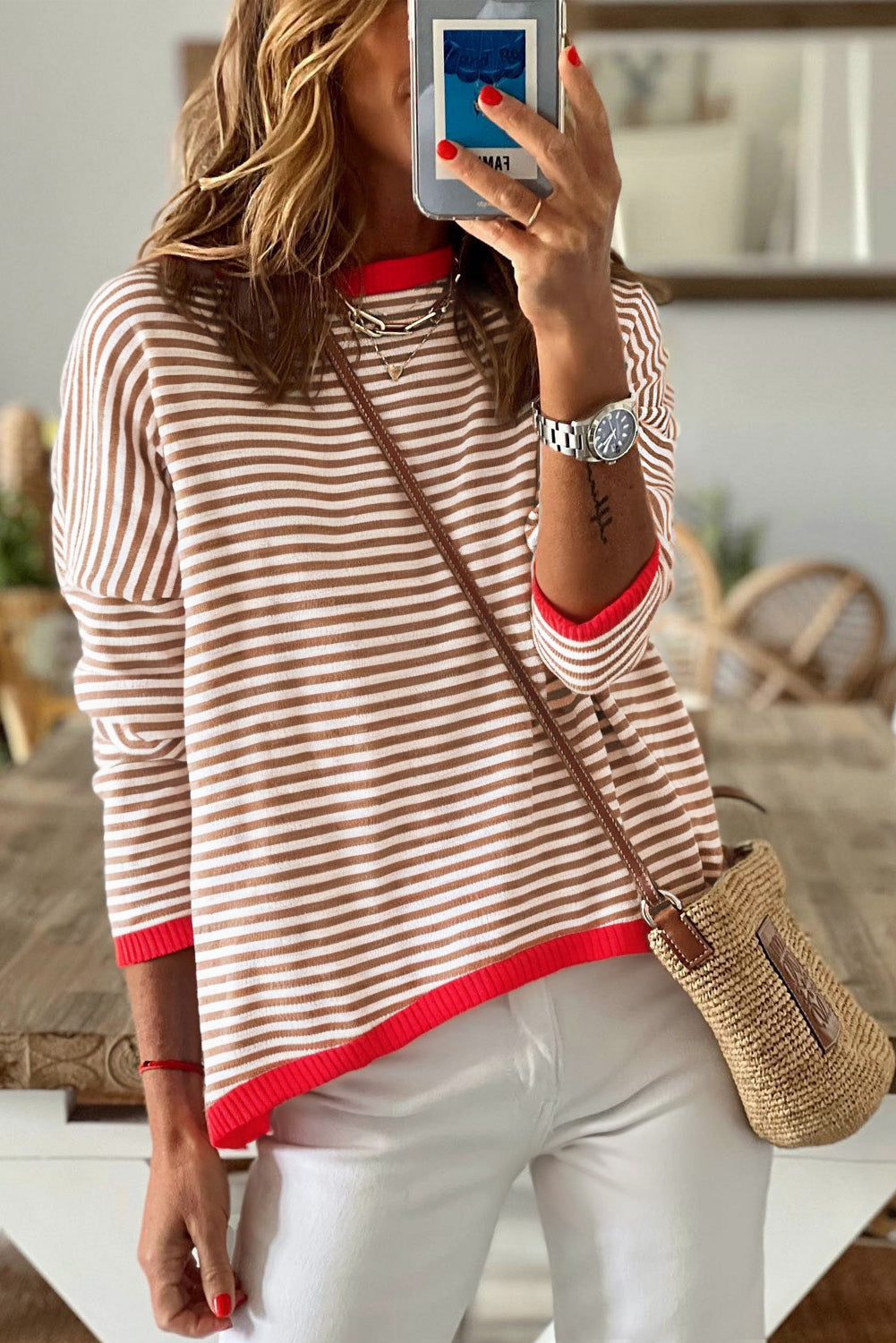 Gray Contrast Trimmed Striped Drop Shoulder Sweater