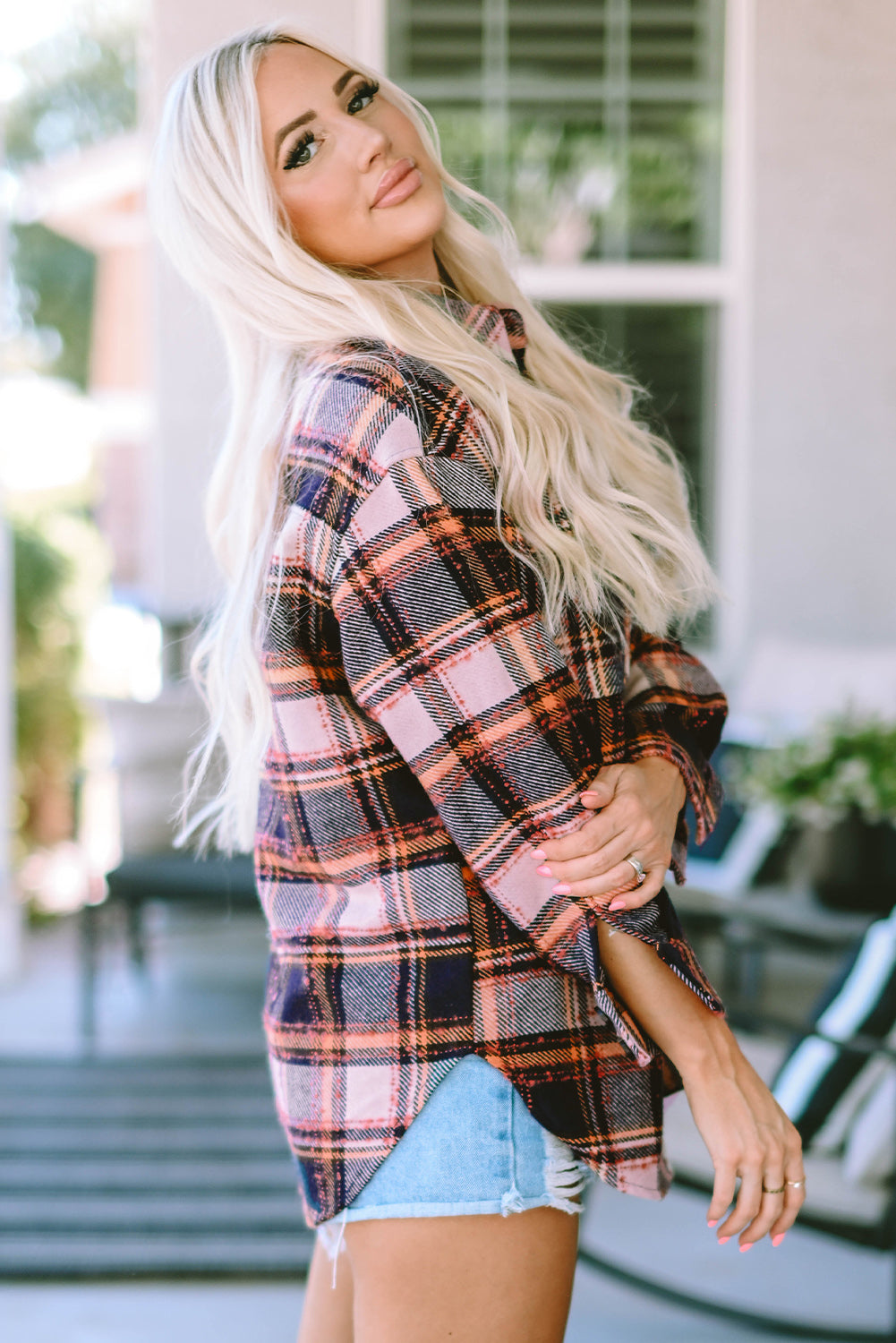 Red Oversized Flap Pockets Plaid Shacket with Slits