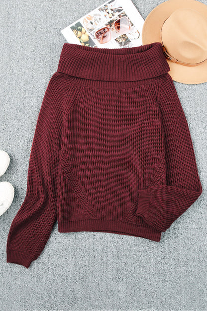 Khaki Ribbed Knit Foldover Off Shoulder Sweater