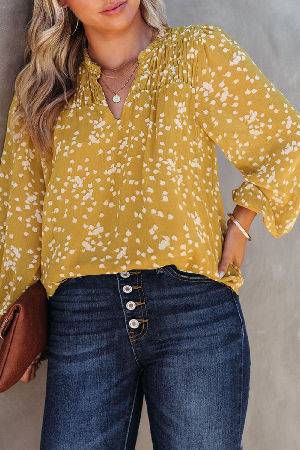 Yellow Split Neck Fall Printed Crinkled Blouse