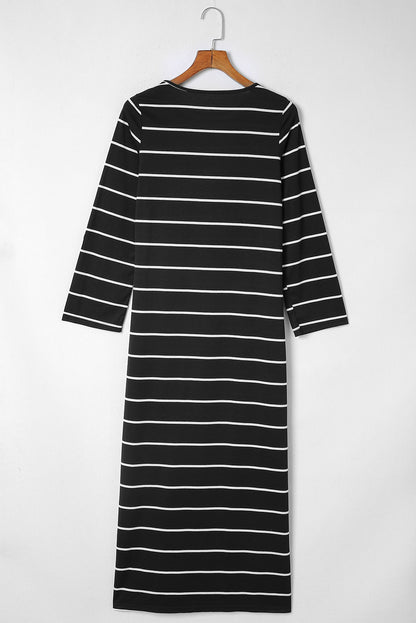 Black Plus Size Striped Loose Long Shift Dress