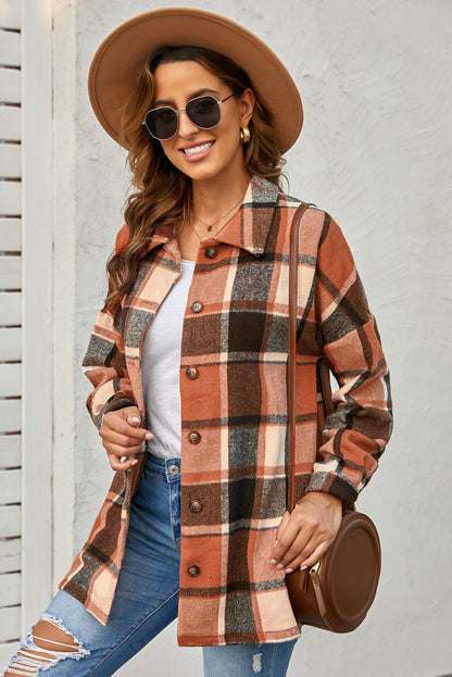 Red Plaid Print Buttoned Shirt Jacket