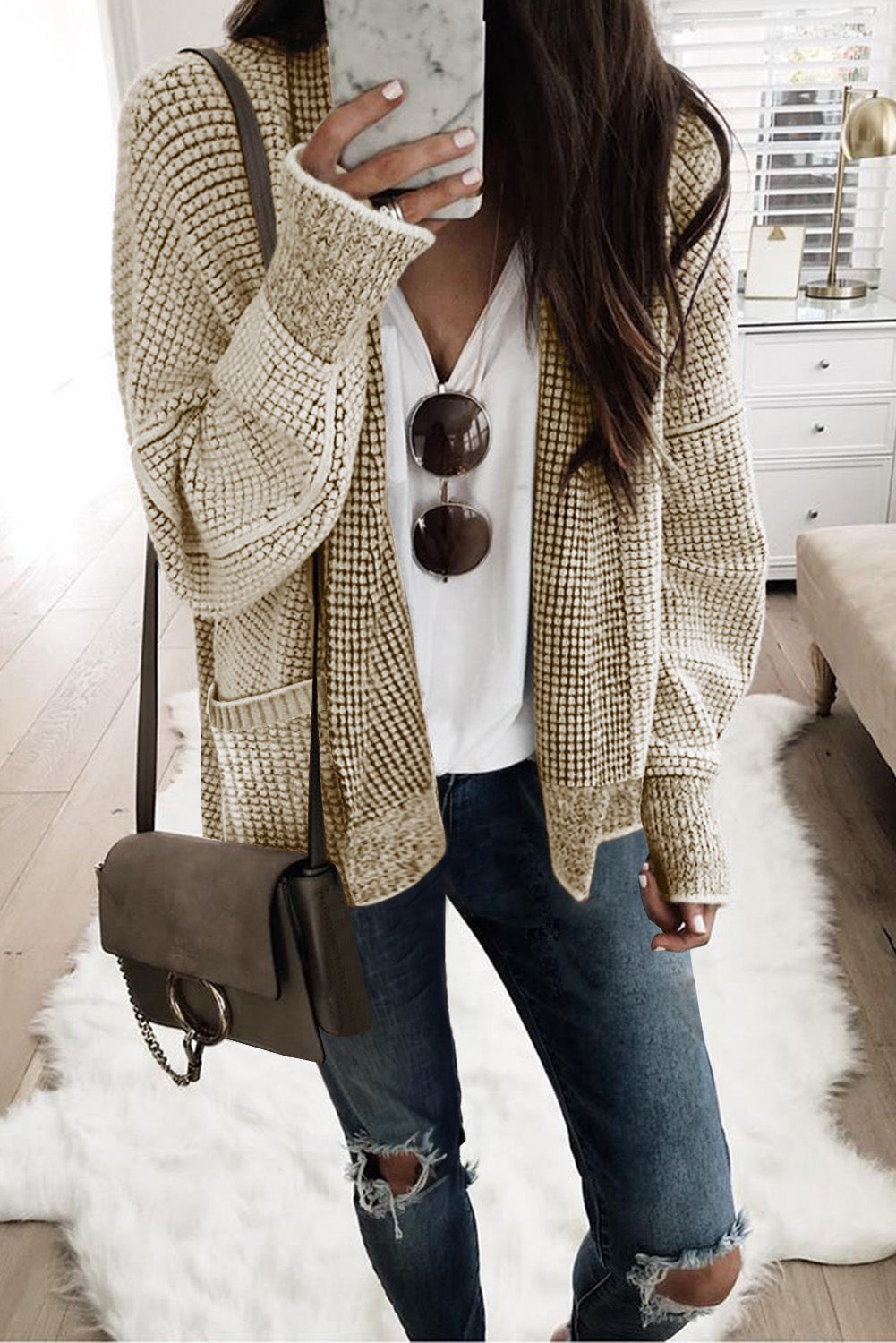 Rose Plaid Knitted Long Open Front Cardigan