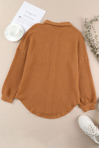 Khaki Waffle Knit Button Up Casual Shirt