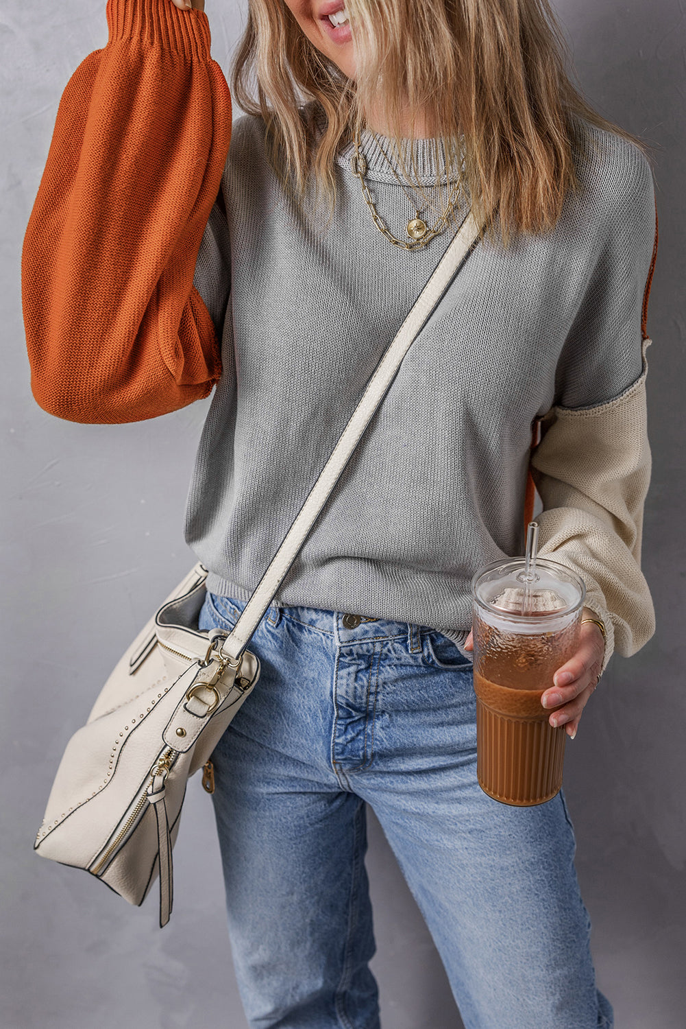 Chicory Coffee Contrast Color Exposed Seam Drop Shoulder Sweater