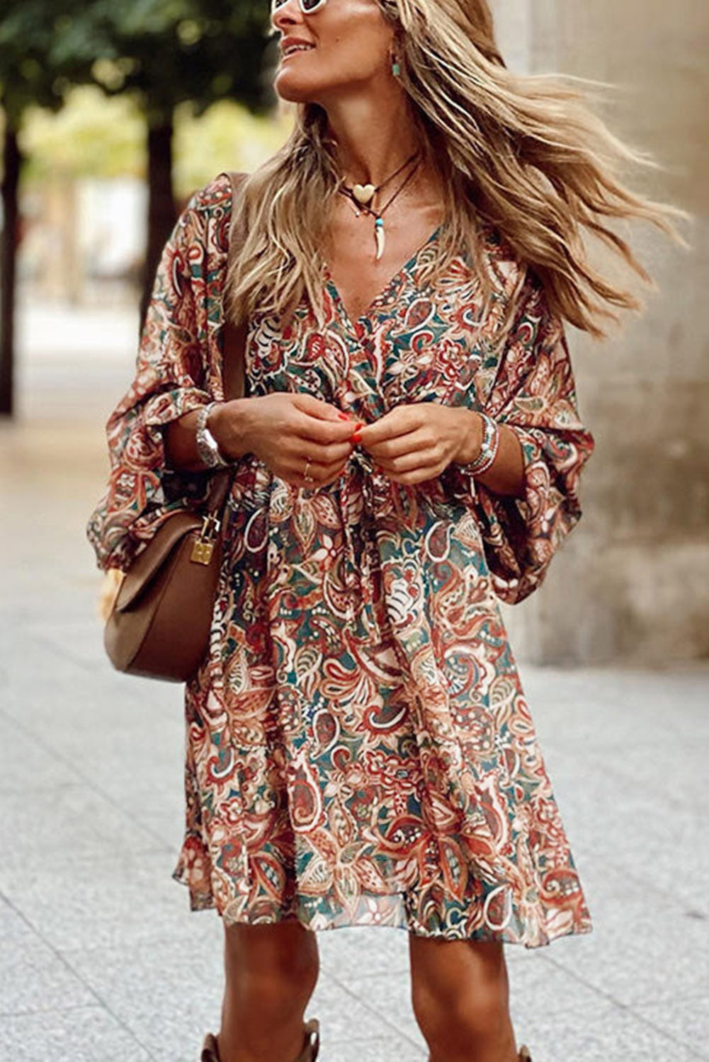 Brown Geometric Print Long Sleeve Surplice Flowy Dress