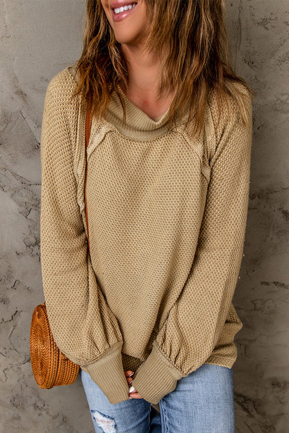 Khaki Waffle Knit Patchwork Oversized Pullover Sweatshirt