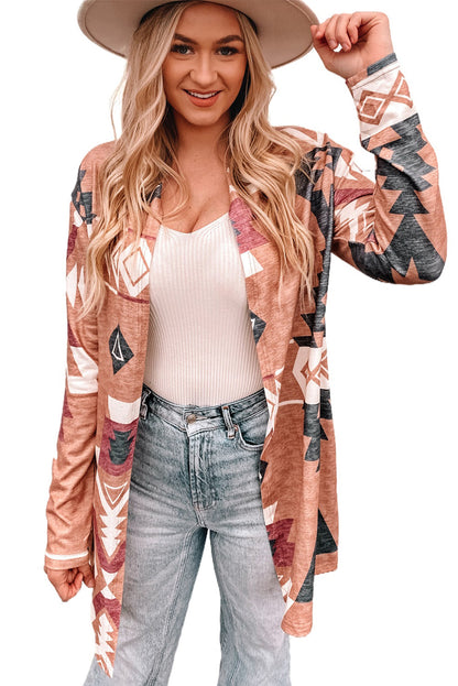 Khaki Western Aztec Print Open Front Cardigan